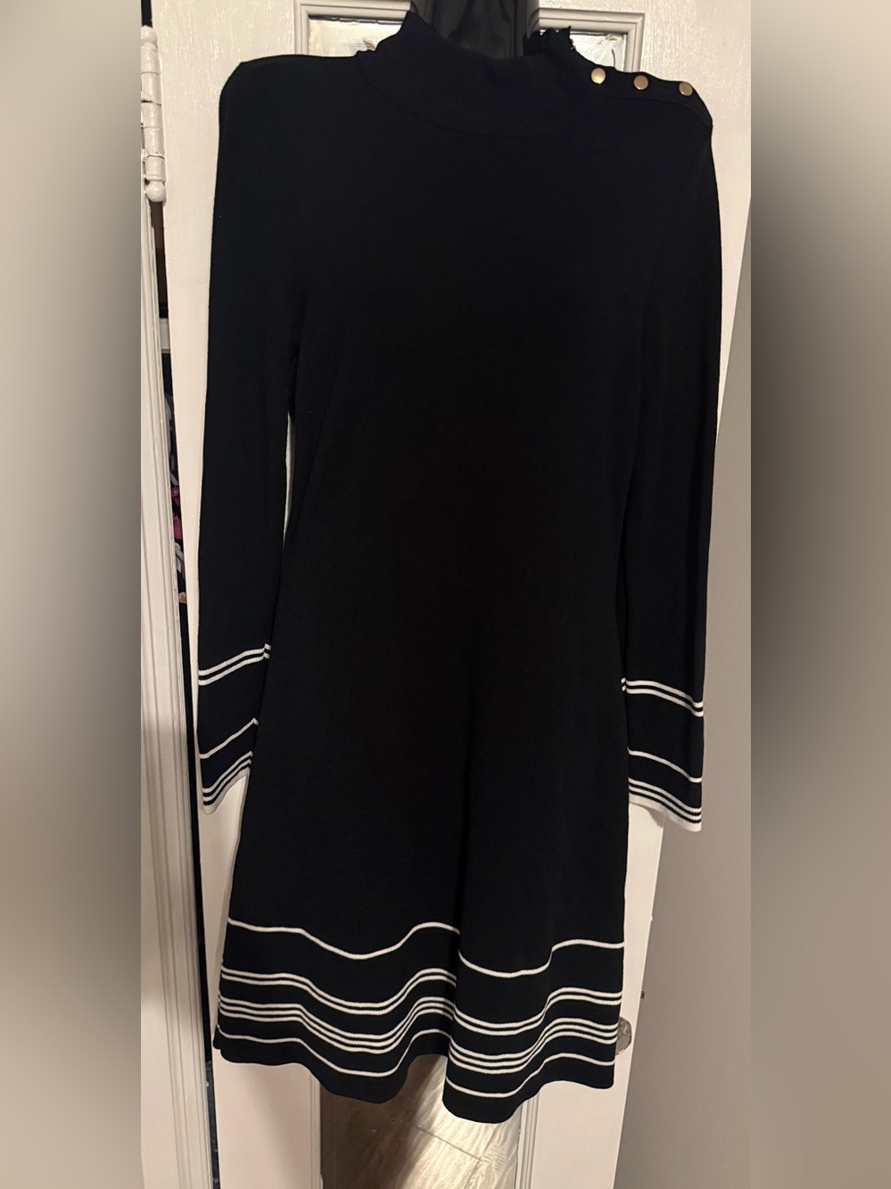 Ann Taylor Black White Striped Trim Mock Neck Sweater Dress Gold Buttons Medium - Picture 4 of 7